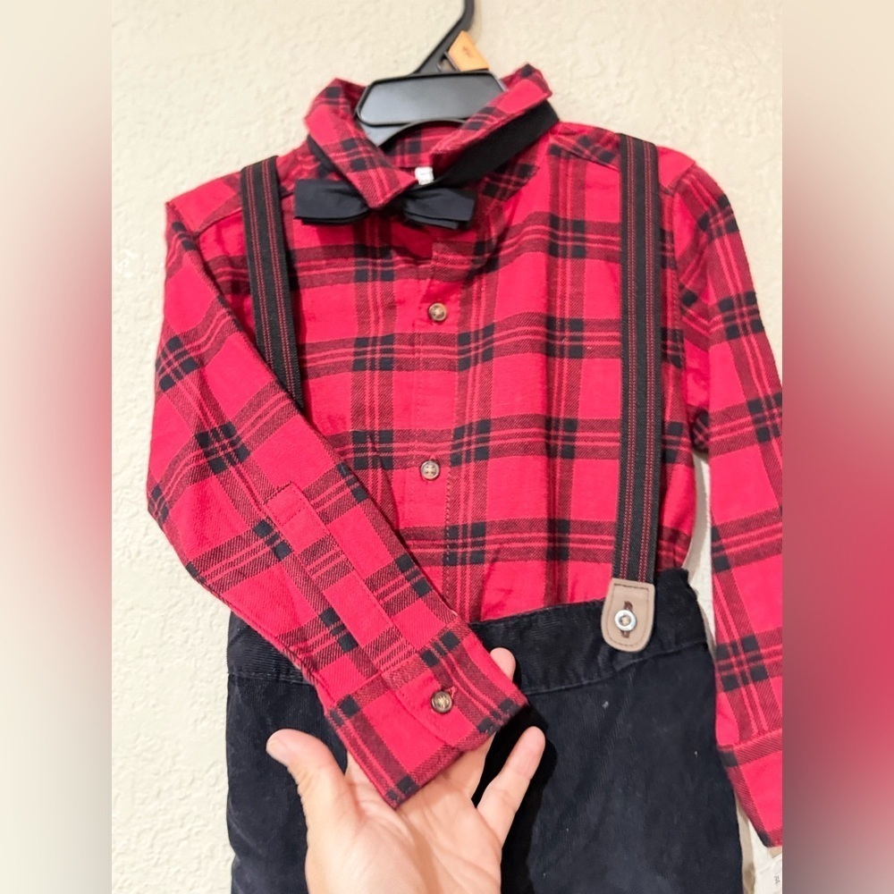 Carter's baby boy's red plaid shirt and black suspender pants outfit set. 3T - Picture 5 of 8